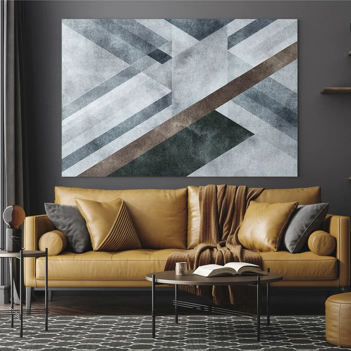 Obraz na skle - Geometrická abstrakcia v chladných tónoch s tmavozeleným akcentom - 70x50cm - Sofistikovaná elegancia geometrie - Moderná nástenná dekorácia do obývacej izby a spálne ARTTOR