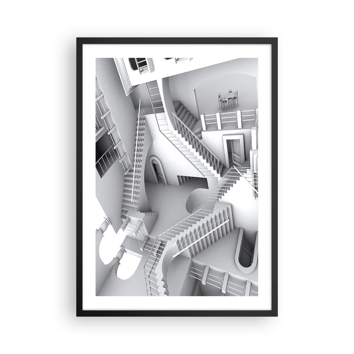 Plagát v čiernom ráme - Iluzorné schody v surrealistickom priestore - 50x70cm - Paradoxy prostoru - Moderná nástenná dekorácia do obývacej izby a spálne ARTTOR