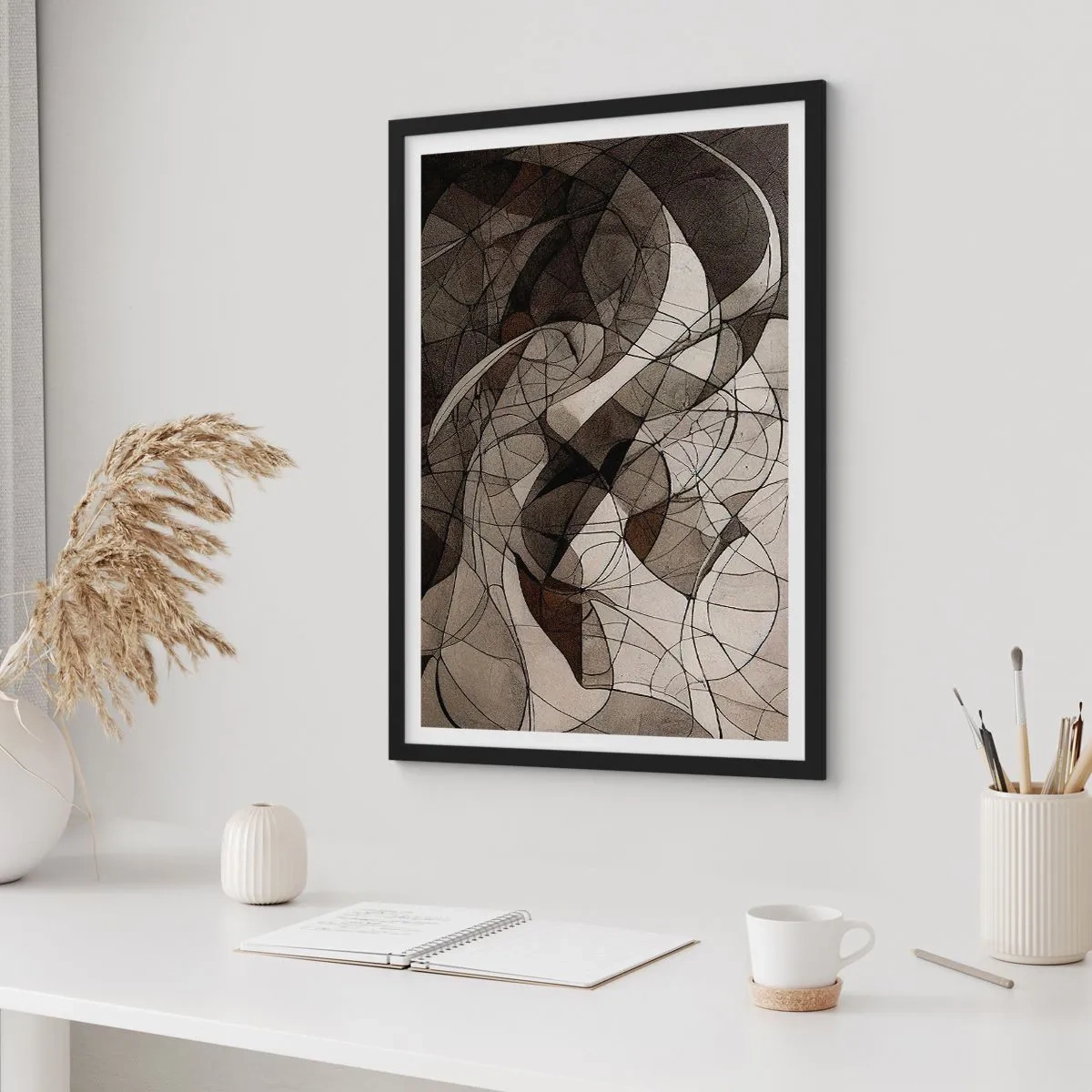 Plagát v čiernom ráme - Abstraktná kompozícia geometrických čiar a tvarov - 50x70cm - Obeh farieb Zeme - Moderná nástenná dekorácia do obývacej izby a spálne ARTTOR