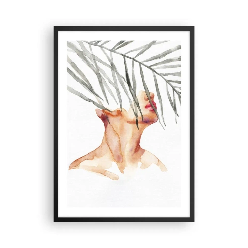 Plagát v čiernom ráme - Akvarelová žena s palmovými listami zakrývajúcou jej tvár - 50x70cm - Vnímať tep trópov - Moderná nástenná dekorácia do obývacej izby a spálne ARTTOR