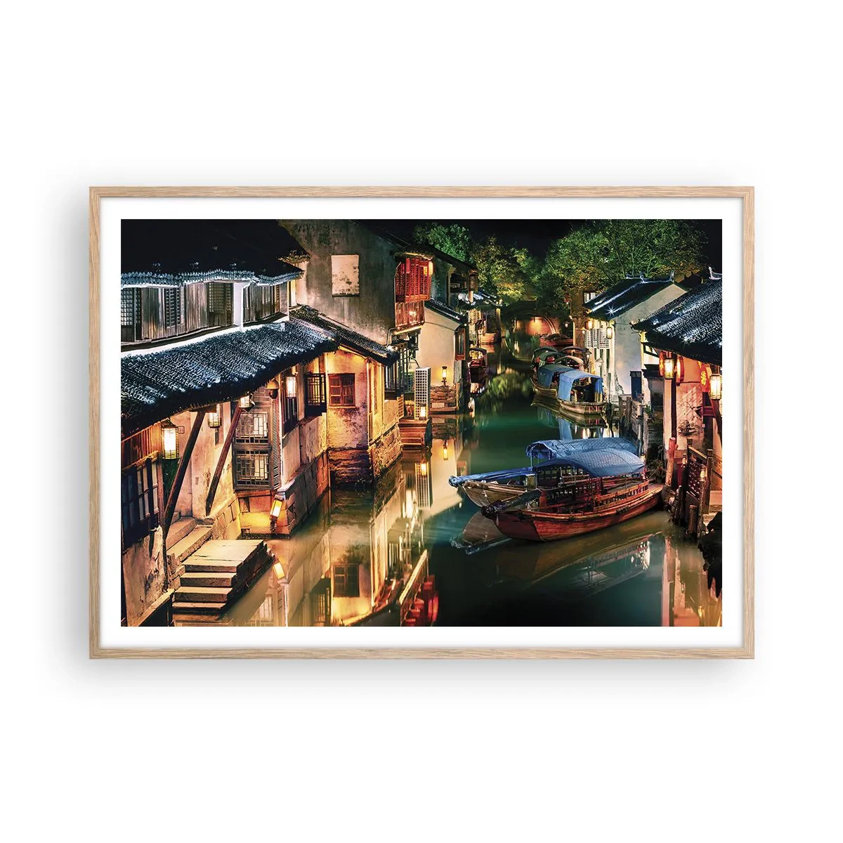 Plagát v ráme zo svetlého duba - Večer na čínskej ulici - 100x70 cm