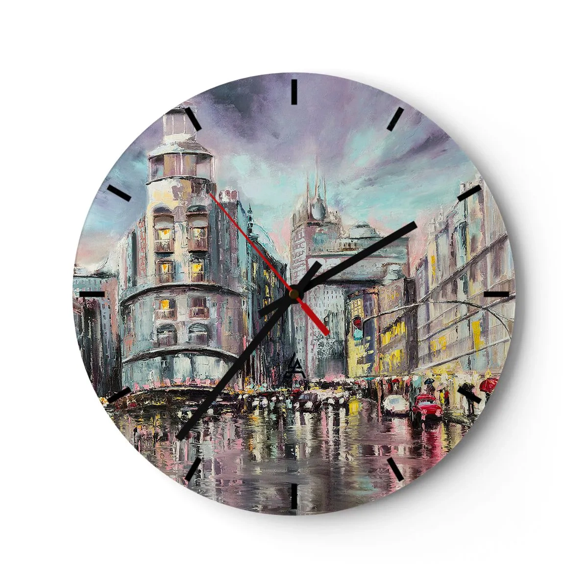 Nástenné hodiny - Mestská ulica v noci v daždi s odrazmi svetiel - 30x30cm - To bude vydarený večer - Moderná nástenná dekorácia do obývacej izby, kuchyne a spálne ARTTOR