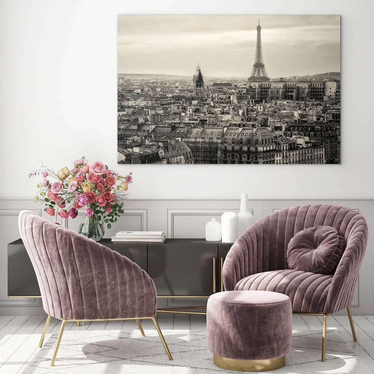 Obraz na skle - Panoráma Paríža s výhľadom na Eiffelovu vežu v sépiových tónoch - 70x50cm - Nad strechami Paríža - Moderná nástenná dekorácia do obývacej izby a spálne ARTTOR