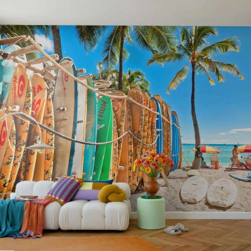 Fototapeta Premium Sand - Slnečná zábava - Krajina, Surfová doska, Pláž - 250x175 cm