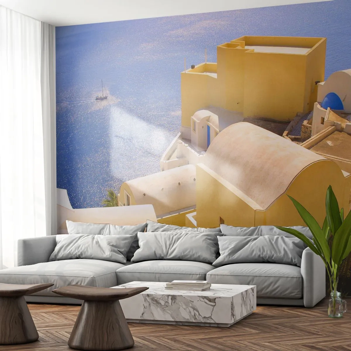Fototapeta Premium Sand - Grécka krajina v bielej a blankytnej - Krajina, Santorini, Grécko - 100x70 cm