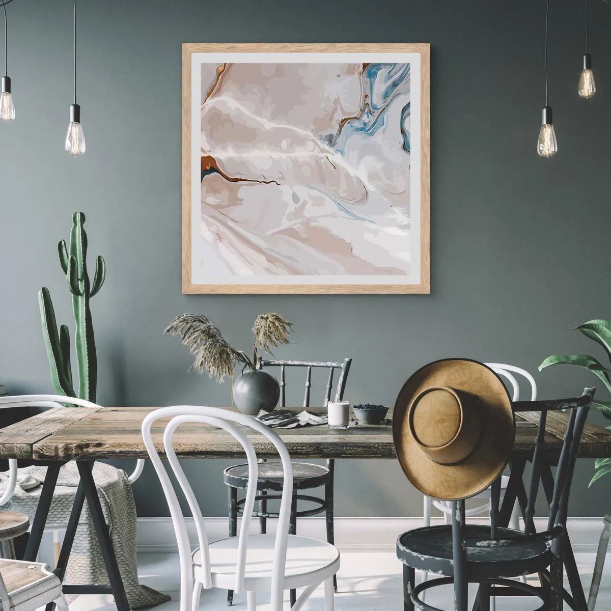 Plagát v ráme zo svetlého duba - Modré meandre pod bielou - 30x30 cm