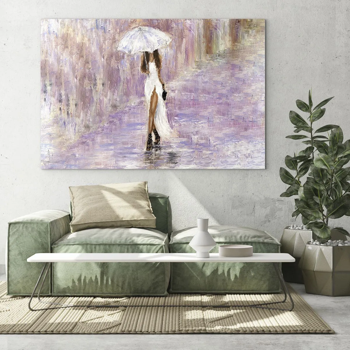 Obraz na skle - Postava ženy s dáždnikom v scéne s orgovánovým dažďom - 70x50cm - V ľaliovom daždi - Moderná nástenná dekorácia do obývacej izby a spálne ARTTOR