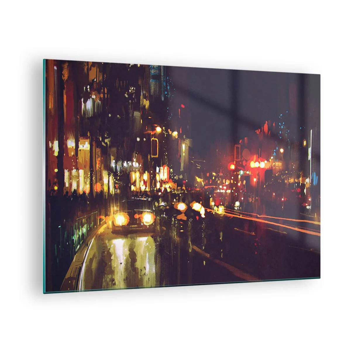 Obraz na skle - Nočná krajina mesta s autami a pouličnými svetlami - 70x50cm - Ponorená do svetiel noci - Moderná nástenná dekorácia do obývacej izby a spálne ARTTOR