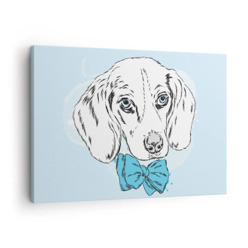 Obraz na plátne - Rozkošná grafika psa s motýlikom na pastelovom pozadí - 70x50cm - Psia elegancia - Moderná nástenná dekorácia do obývacej izby a spálne ARTTOR