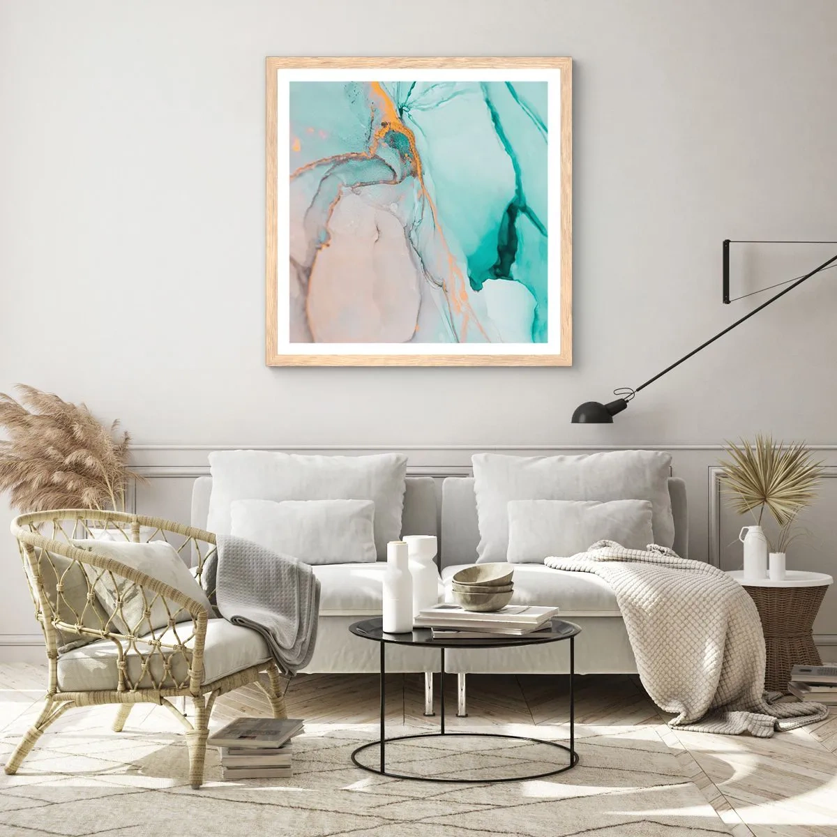 Plagát v ráme zo svetlého duba - Tanec tvarov a farieb - 30x30 cm