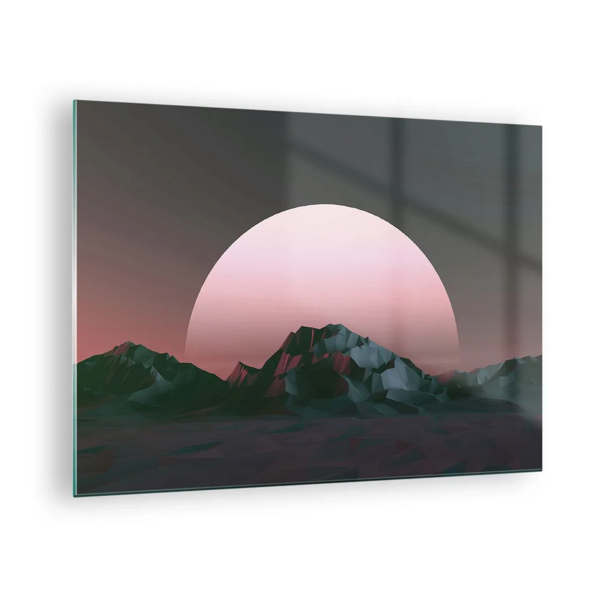 Obraz na skle - Abstraktná krajina s geometrickými horami a ružovým slnkom. - 70x50cm - V susednej galaxii - Moderná nástenná dekorácia do obývacej izby a spálne ARTTOR