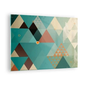Obraz na skle - Geometria v odtieňoch tyrkysovej a hnedej s trojuholníkmi - 70x50cm - Jednota mnohosti, mnohosť jednoty - Moderná nástenná dekorácia do obývacej izby a spálne ARTTOR