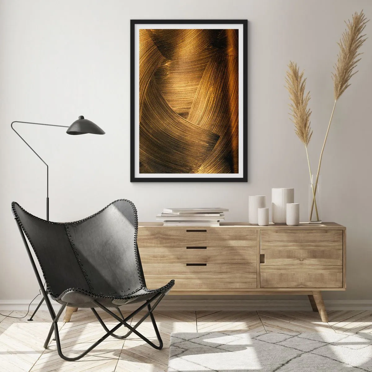 Plagát v čiernom ráme - Abstraktné zlaté ťahy štetcom na tmavom pozadí - 50x70cm - V zlatom labyrinte - Moderná nástenná dekorácia do obývacej izby a spálne ARTTOR