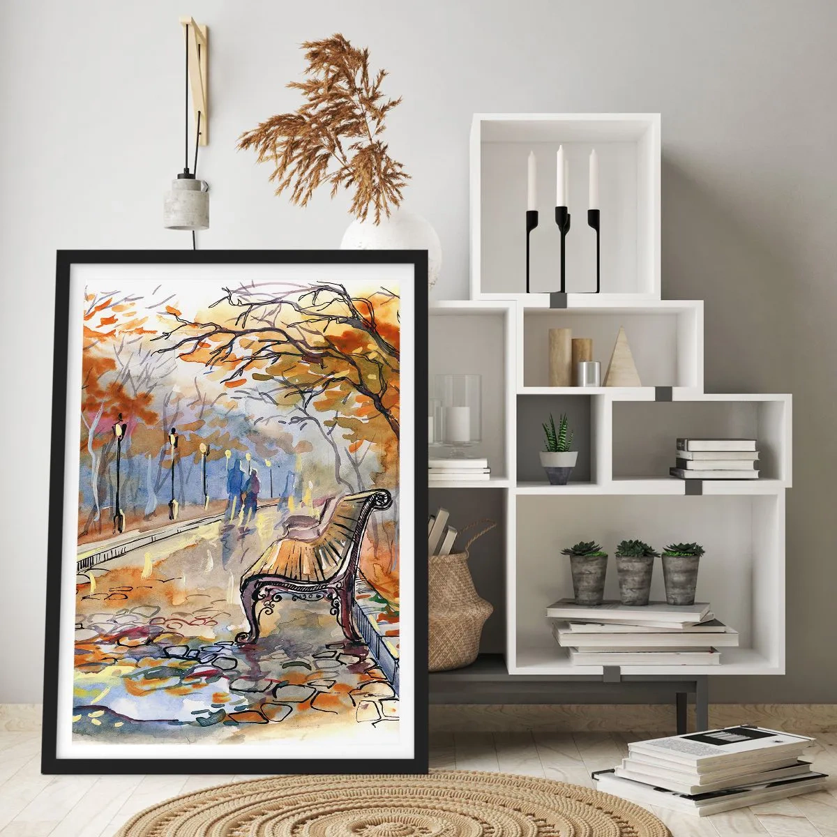 Plagát v čiernom ráme - Lavička v jesennom parku, akvarel - 50x70cm - Spoločne putovať jeseňou - Moderná nástenná dekorácia do obývacej izby a spálne ARTTOR