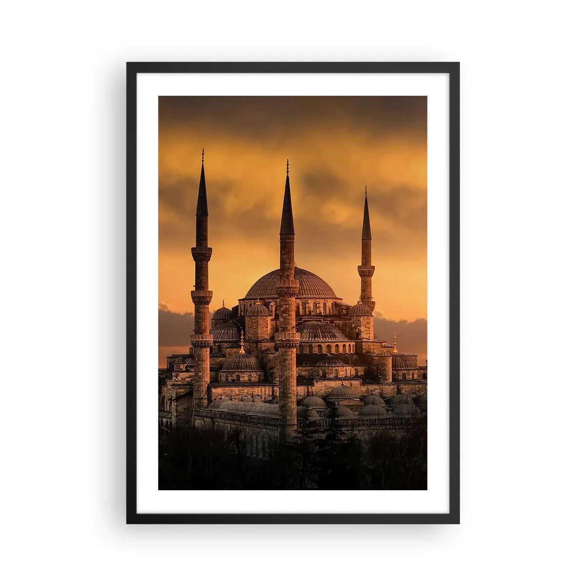 Plagát v čiernom ráme - Mešita pri západe slnka v teplých farbách - 50x70cm - Boh je veľký - Moderná nástenná dekorácia do obývacej izby a spálne ARTTOR