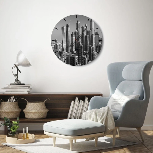 Nástenné hodiny - Panoráma moderného mesta v čiernobielej farbe - 30x30cm - Mesto nad púšťou - Moderná nástenná dekorácia do obývacej izby, kuchyne a spálne ARTTOR