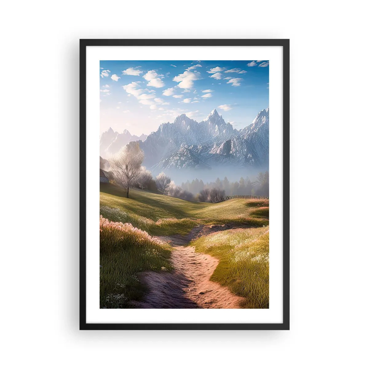 Plagát v čiernom ráme - Horský chodník vedúci cez zelené údolie pri východe slnka - 50x70cm - Idylické údolie - Moderná nástenná dekorácia do obývacej izby a spálne ARTTOR