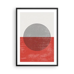 Plagát v čiernom ráme - Geometrická kompozícia s kruhmi na červeno-bielom pozadí - 50x70cm - Presný zásah - Moderná nástenná dekorácia do obývacej izby a spálne ARTTOR