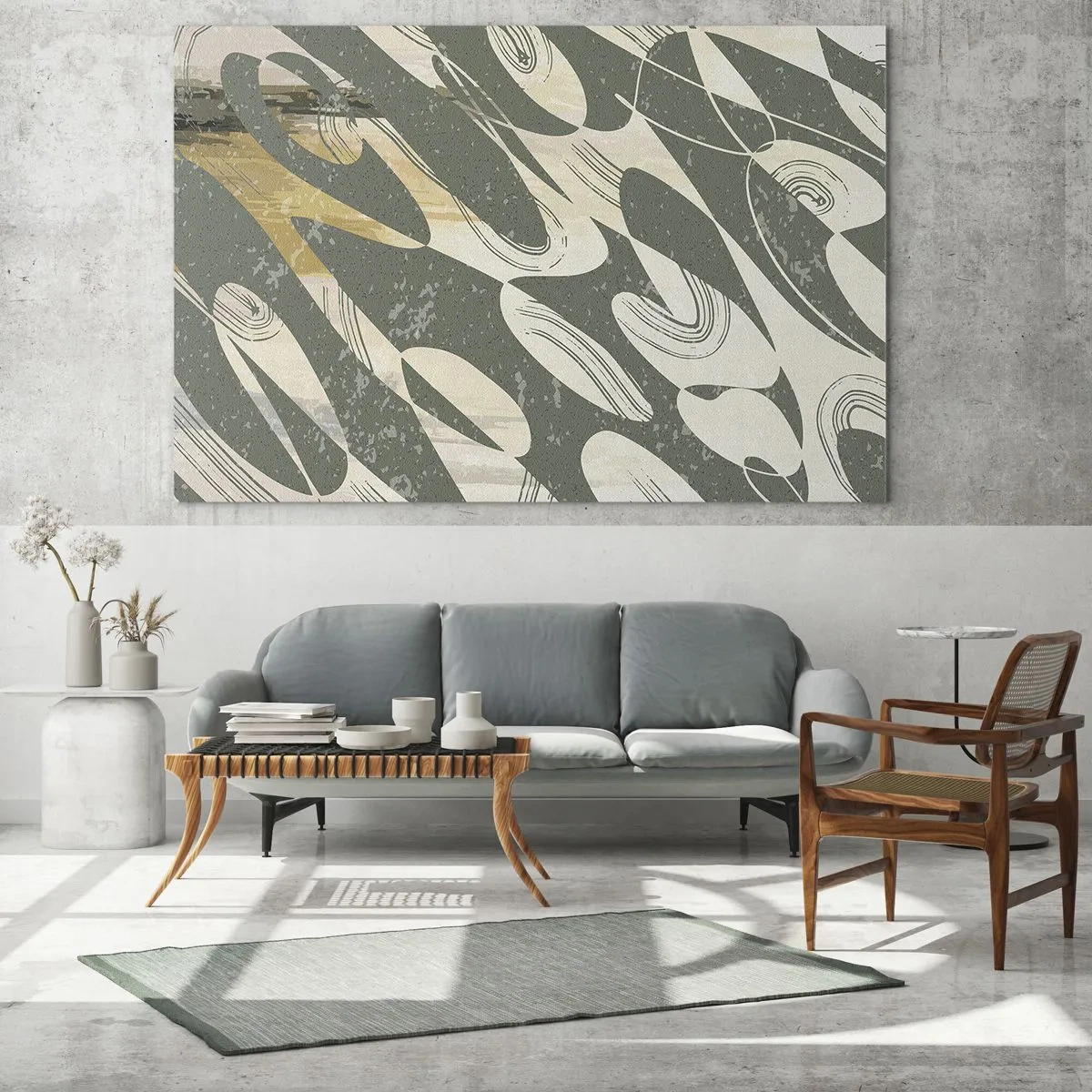 Obraz na skle - Zelená a béžová kompozícia s dynamickými organickými formami - 70x50cm - Rytmizovaná abstrakcia - Moderná nástenná dekorácia do obývacej izby a spálne ARTTOR