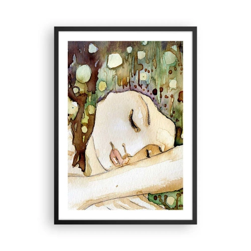 Plagát v čiernom ráme - umelecký akvarelový portrét spiacej ženy - 50x70cm - Smaragdovo-fialový sen - Moderná nástenná dekorácia do obývacej izby a spálne ARTTOR