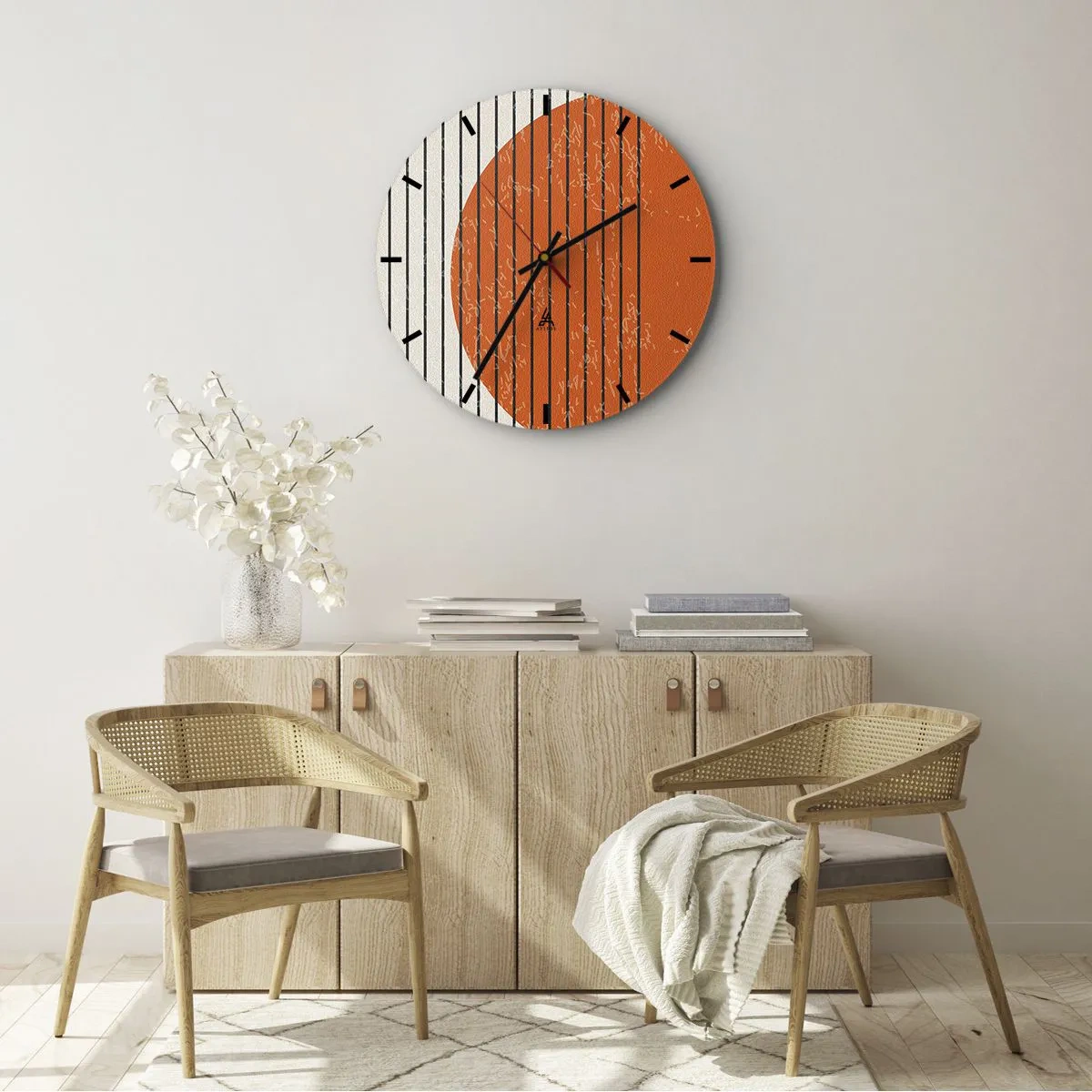 Nástenné hodiny - Oranžový kruh a čierne čiary na béžovom pozadí - 30x30cm - Vždy slnko - Moderná nástenná dekorácia do obývacej izby, kuchyne a spálne ARTTOR
