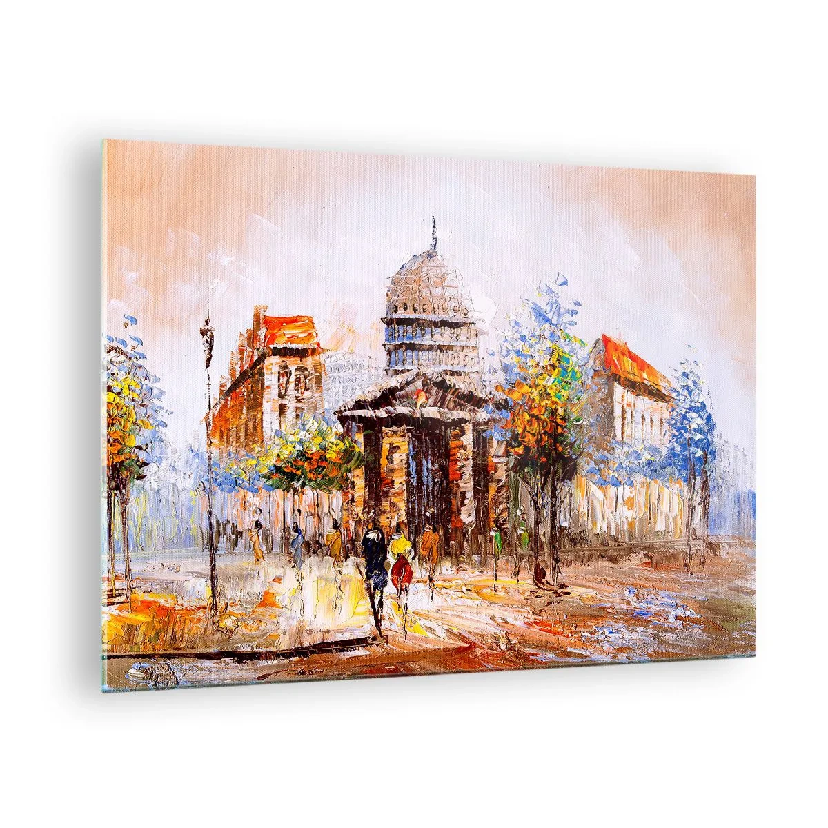 Obraz na skle - Malebná mestská ulica s historickou budovou v pozadí - 70x50cm - Parížska prechádzka - Moderná nástenná dekorácia do obývacej izby a spálne ARTTOR