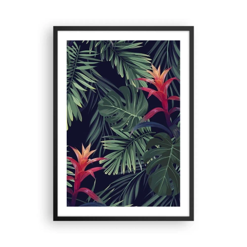 Plagát v čiernom ráme - Tropické listy a kvety na tmavom pozadí - 50x70cm - Vzplanúť v zelenom - Moderná nástenná dekorácia do obývacej izby a spálne ARTTOR