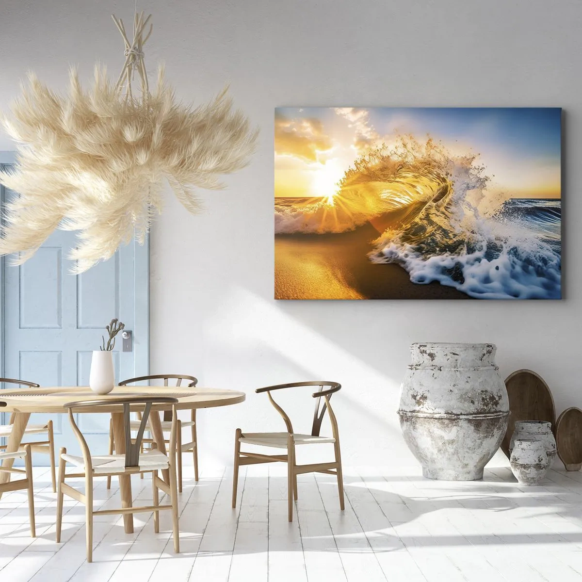 Obraz na plátne - Zlatá vlna na pozadí zapadajúceho slnka - 70x50cm - Hra v piesku - Moderná nástenná dekorácia do obývacej izby a spálne ARTTOR