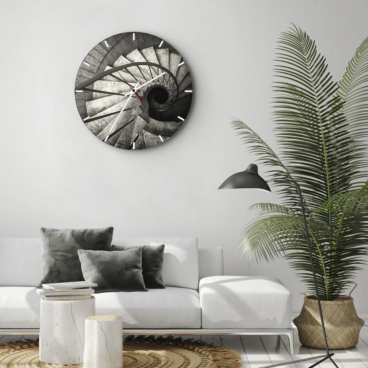 Nástenné hodiny - Čiernobiele točité schodisko s pohľadom nadol a geometrickým rozložením schodov - 30x30cm - Hore po schodoch, dole po schodoch - Moderná nástenná dekorácia do obývacej izby, kuchyne a spálne ARTTOR