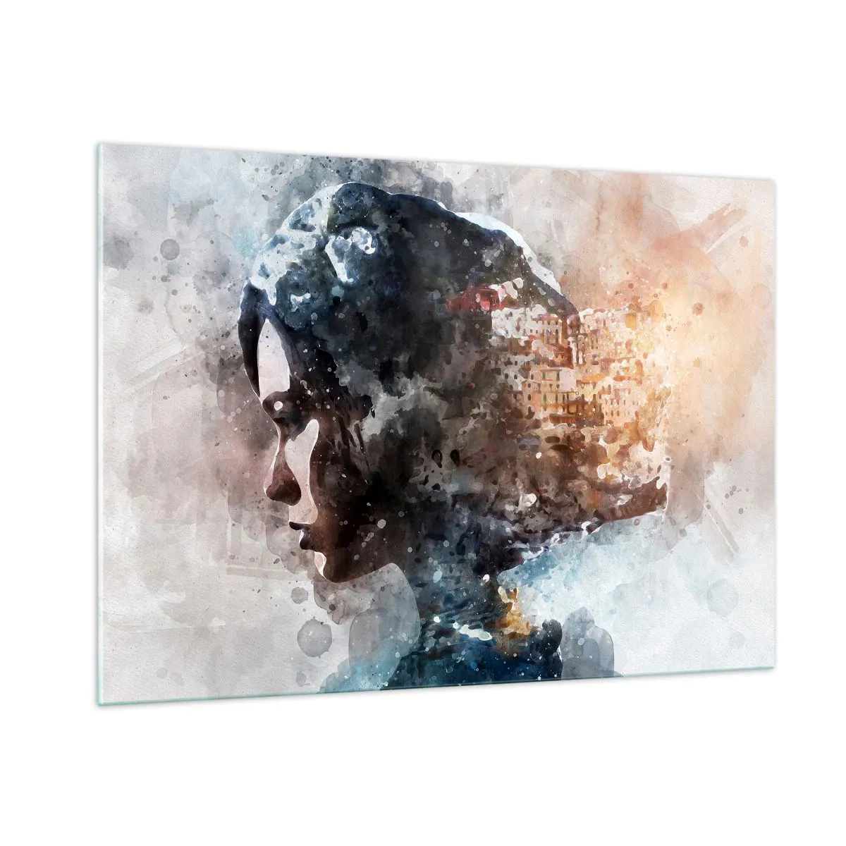 Obraz na skle - Príbeh o dievčati s mestom v pozadí - 100x70 cm