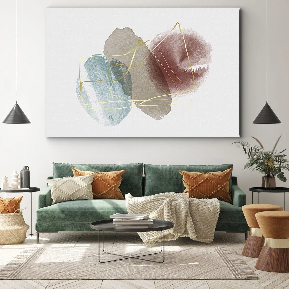 Obraz na plátne - Abstraktné tvary s jemnými farbami a zlatými líniami - 70x50cm - Korálky priestoru - Moderná nástenná dekorácia do obývacej izby a spálne ARTTOR