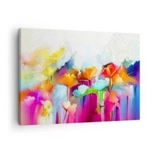 Obraz na plátne - Abstraktné farebné kvety na svetlom pozadí - 70x50cm - Dúha rozkvitla - Moderná nástenná dekorácia do obývacej izby a spálne ARTTOR