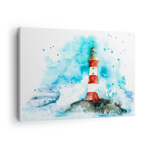 Obraz na plátne - Maják v akvarelovom prostredí s modrým pozadím - 70x50cm - Jednota živlov - Moderná nástenná dekorácia do obývacej izby a spálne ARTTOR