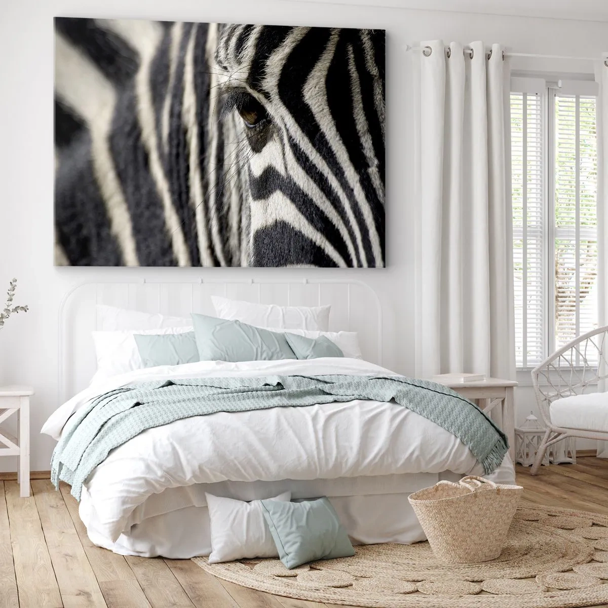 Obraz na plátne - Detailný záber zebrieho oka s čiernymi a bielymi pruhmi - 70x50cm - Portrét s pruhmi - Moderná nástenná dekorácia do obývacej izby a spálne ARTTOR