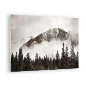 Obraz na skle - Horská krajina s lesom a hmlou v sépiových tónoch - 70x50cm - Žulový panovník - Moderná nástenná dekorácia do obývacej izby a spálne ARTTOR