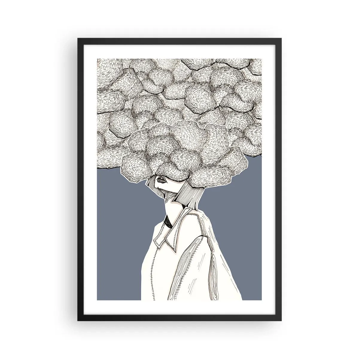 Plagát v čiernom ráme - Postava s oblakom namiesto hlavy, štylizovaná v odtieňoch sivej. - 50x70cm - S hlavou v oblakoch - Moderná nástenná dekorácia do obývacej izby a spálne ARTTOR