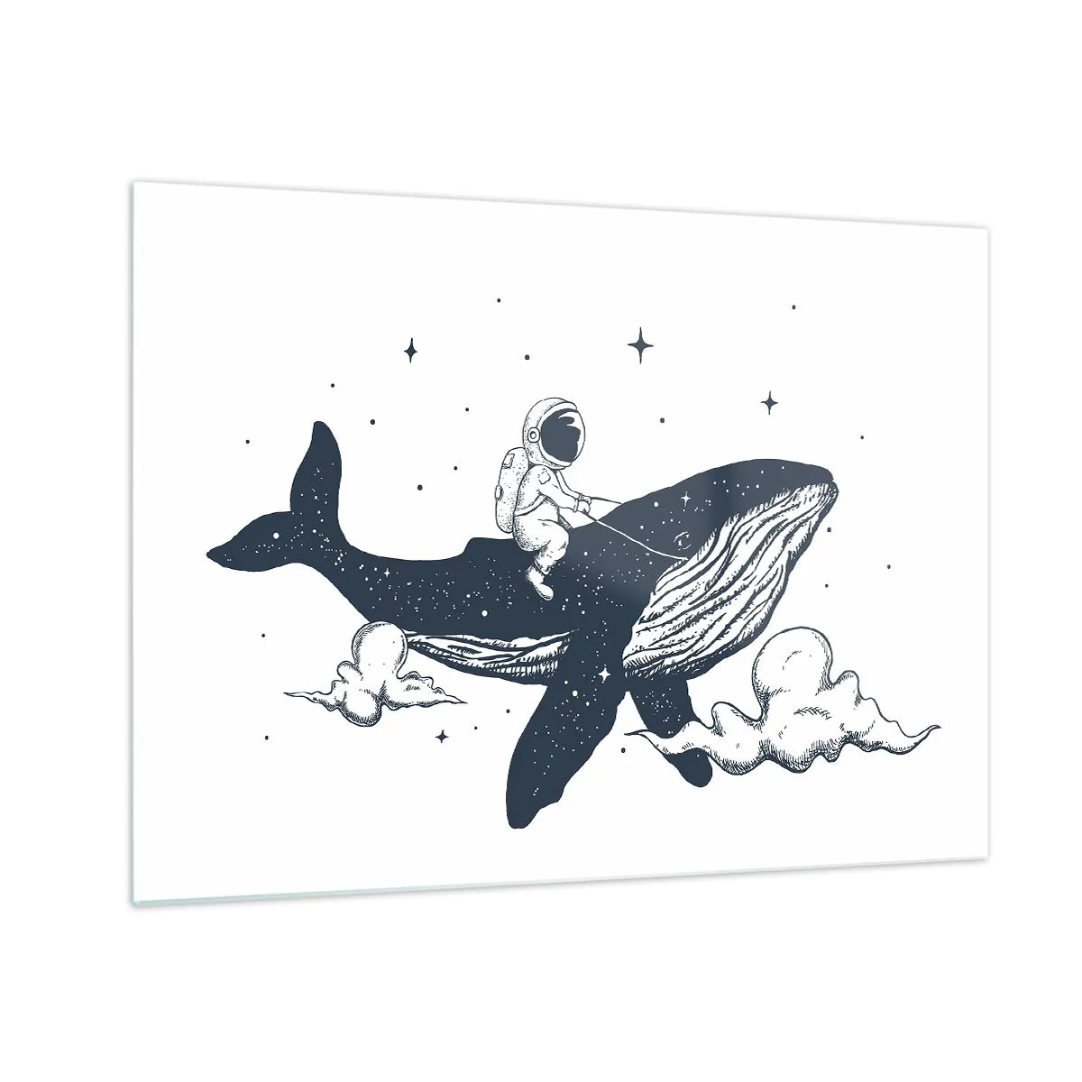 Obraz na skle - Astronaut jazdiaci na veľrybe medzi hviezdami a oblakmi - 70x50cm - Vesmírne dobrodružstvo - Moderná nástenná dekorácia do obývacej izby a spálne ARTTOR