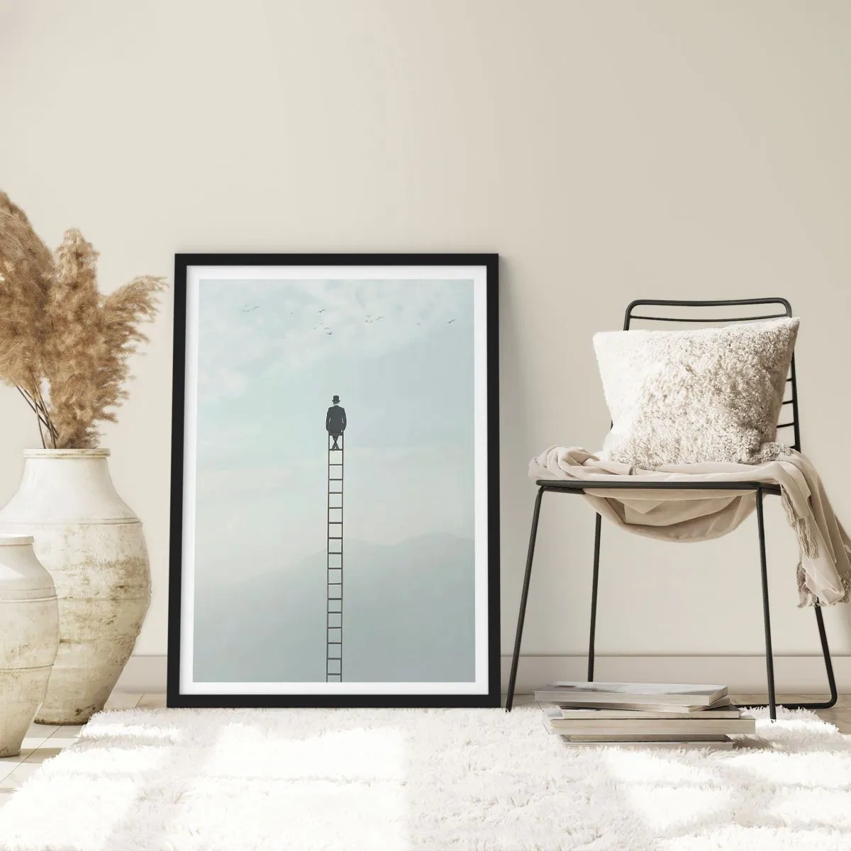 Plagát v čiernom ráme - Muž na rebríku pozerá na oblohu - 50x70cm - Povzniesť sa nad to - Moderná nástenná dekorácia do obývacej izby a spálne ARTTOR