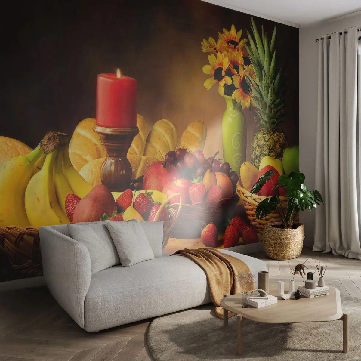 Samolepiaca Fototapeta Deluxe Sticker - Zátišie s pečivom a ovocím - Gastronómia, Kvety, Ovocie - 250x175 cm