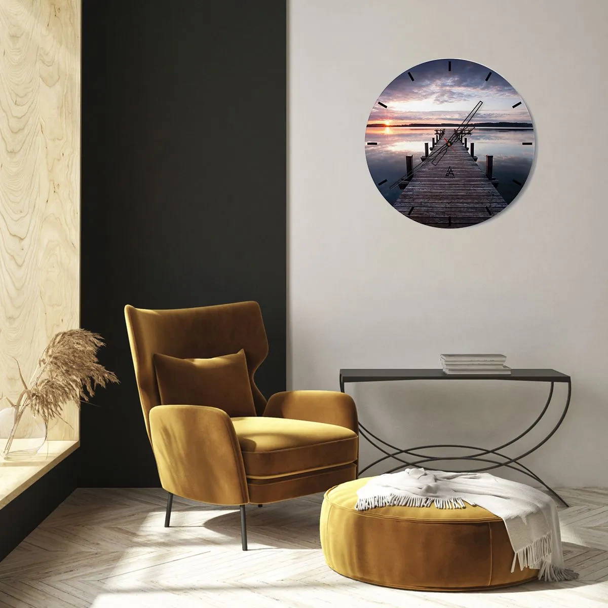 Nástenné hodiny - Drevené mólo vedúce k jazeru pri západe slnka - 30x30cm - Tichá hranica medzi dňom a nocou - Moderná nástenná dekorácia do obývacej izby, kuchyne a spálne ARTTOR