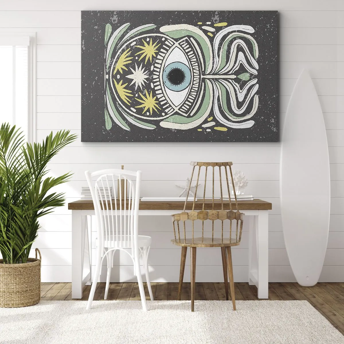 Obraz na plátne - Symbolické oko obklopené abstraktnými vzormi - 70x50cm - Kmeňové rituály - Moderná nástenná dekorácia do obývacej izby a spálne ARTTOR