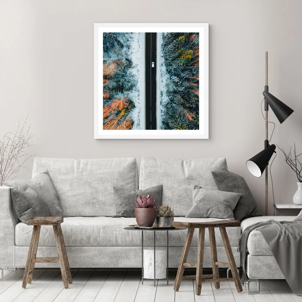 Plagát v bielom ráme - Cez zimný les - 40x40 cm