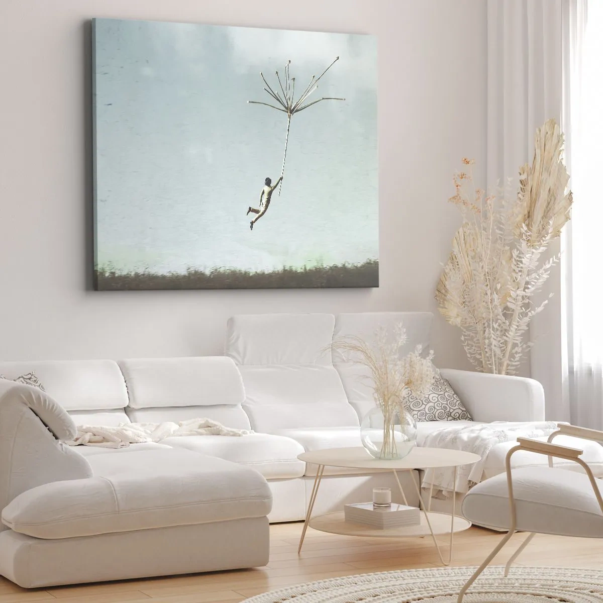 Obraz na plátne - Postava zdvihnutá veľkým semenom púpavy - 70x50cm - Lietajúca púpava - Moderná nástenná dekorácia do obývacej izby a spálne ARTTOR
