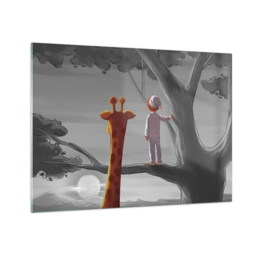 Obraz na skle - Dieťa v pyžame a žirafa sledujú západ slnka zo stromu. - 70x50cm - To sa naozaj deje - Moderná nástenná dekorácia do obývacej izby a spálne ARTTOR
