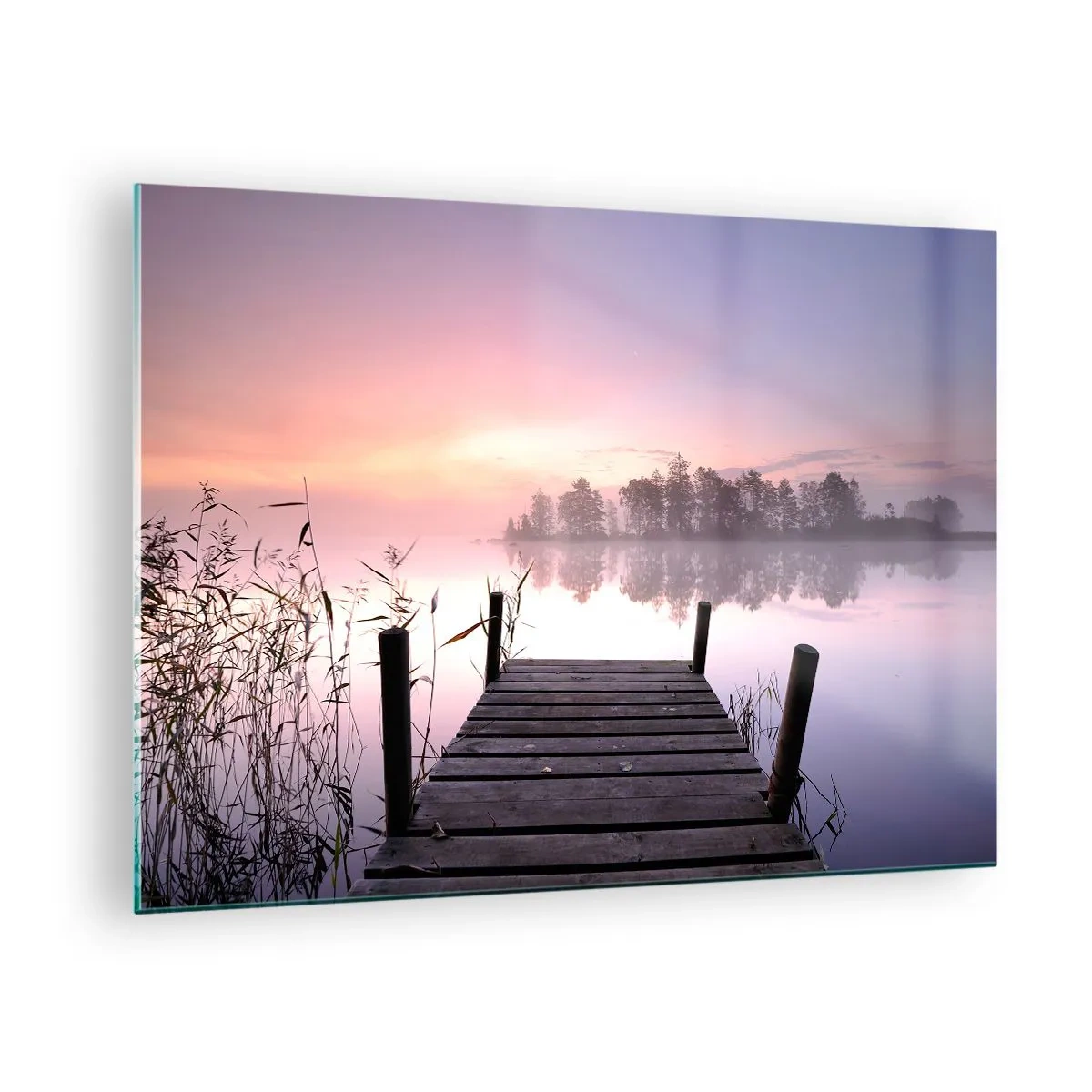 Obraz na skle - Mólo pri východe slnka nad pokojným jazerom - 70x50cm - Z ľaliovej hmly… - Moderná nástenná dekorácia do obývacej izby a spálne ARTTOR