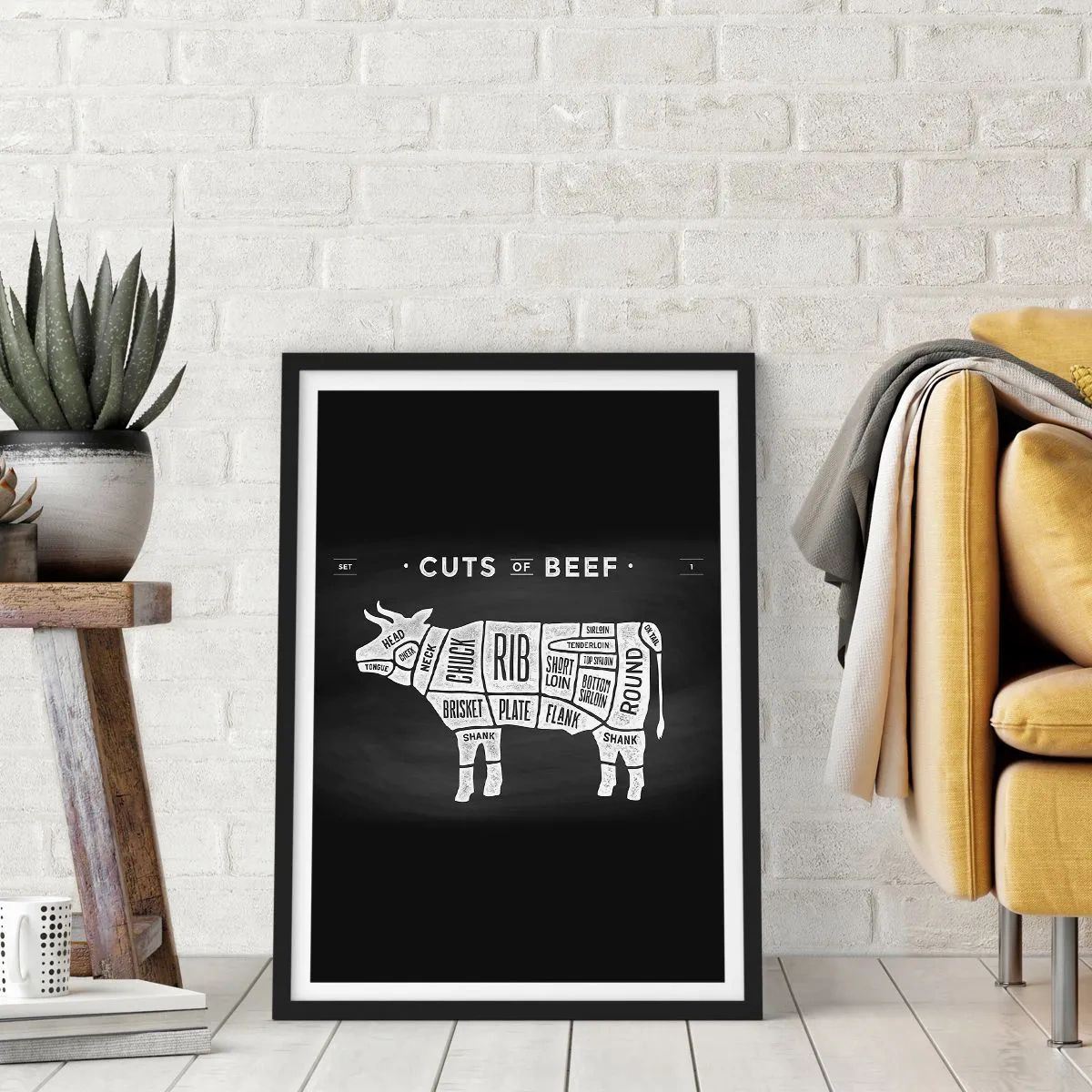 Plagát v čiernom ráme - Diagram hovädzích rezov na čiernom pozadí v retro štýle - 50x70cm - Šlabikár mäsiara - Moderná nástenná dekorácia do obývacej izby a spálne ARTTOR