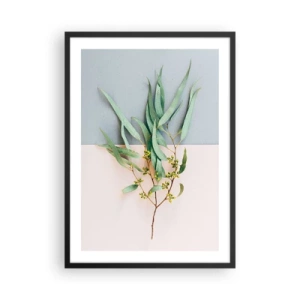 Plagát v čiernom ráme - Vetvička eukalyptu na pastelovom pozadí - 50x70cm - Pastelová jemnosť - Moderná nástenná dekorácia do obývacej izby a spálne ARTTOR
