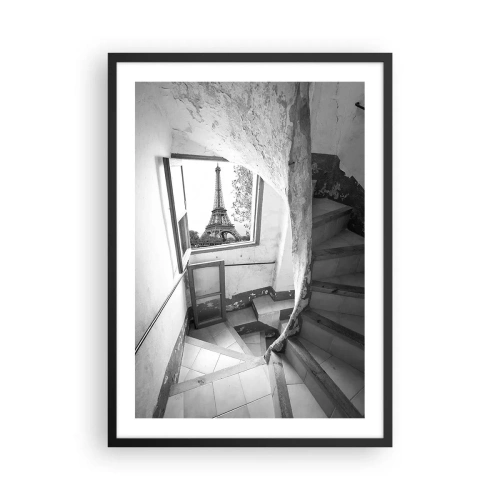 Plagát v čiernom ráme - Pohľad na Eiffelovu vežu cez okno v starej budove - 50x70cm - To je ale výhľad! - Moderná nástenná dekorácia do obývacej izby a spálne ARTTOR