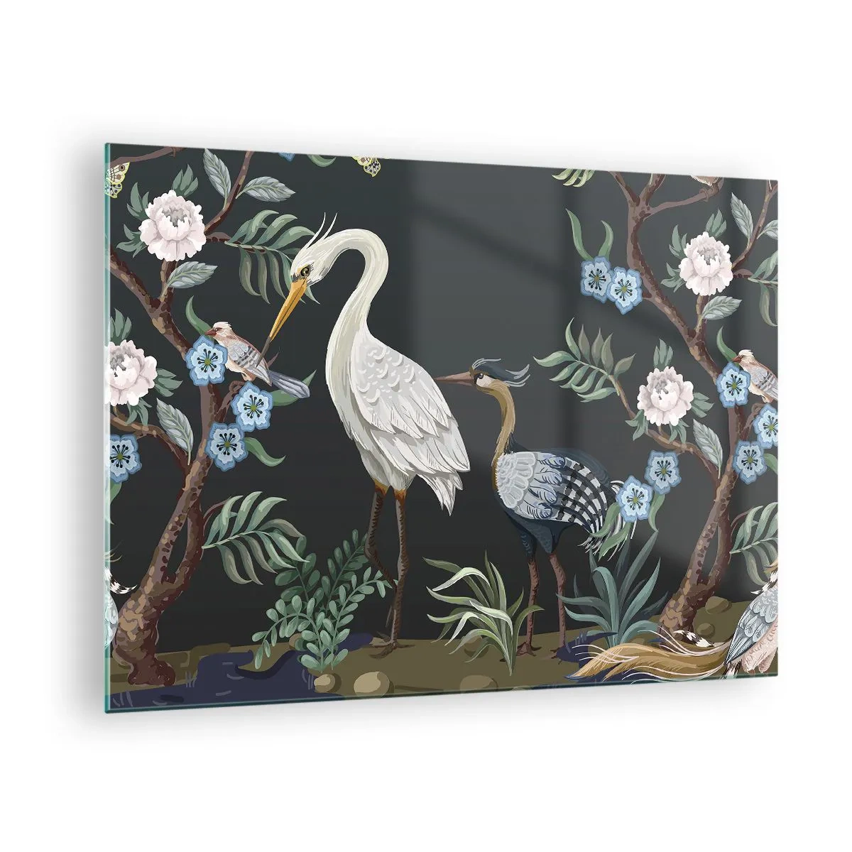 Obraz na skle - Farebné vtáky medzi kvitnúcimi konármi na tmavom pozadí - 70x50cm - Vtáčí sprievod - Moderná nástenná dekorácia do obývacej izby a spálne ARTTOR