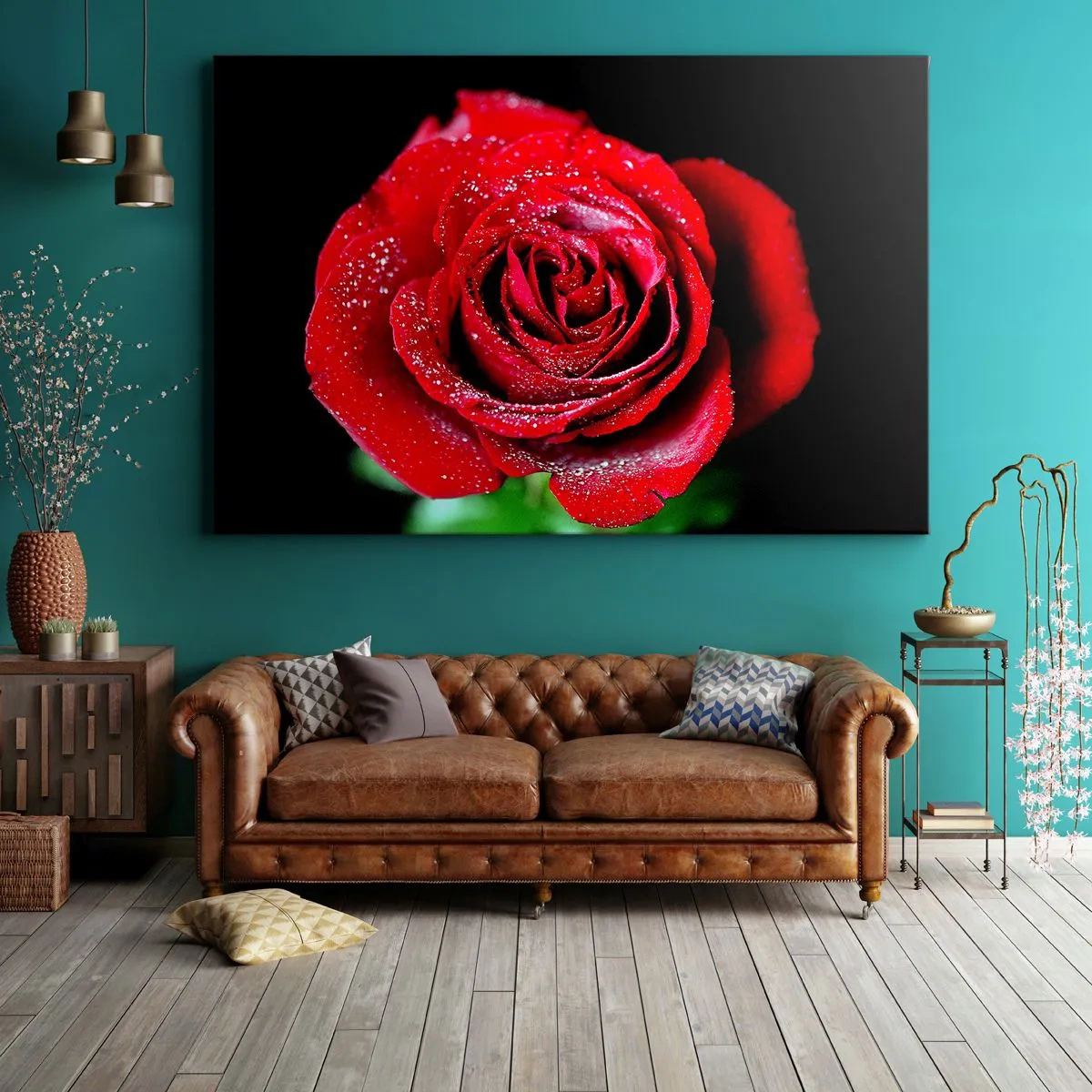 Obraz na plátne - Červená ruža pokrytá kvapkami rosy na čiernom pozadí. - 70x50cm - To je práve láska - Moderná nástenná dekorácia do obývacej izby a spálne ARTTOR
